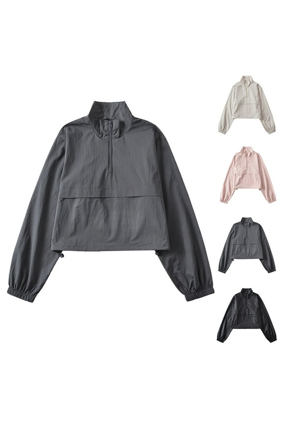 Athletic Jacket for Women Lightweight Quarter Zip Cropped Track Jackets Fall Casual Comfy Long Sleeve Stand Collar Outerwear Sales Today Clearance Pink L