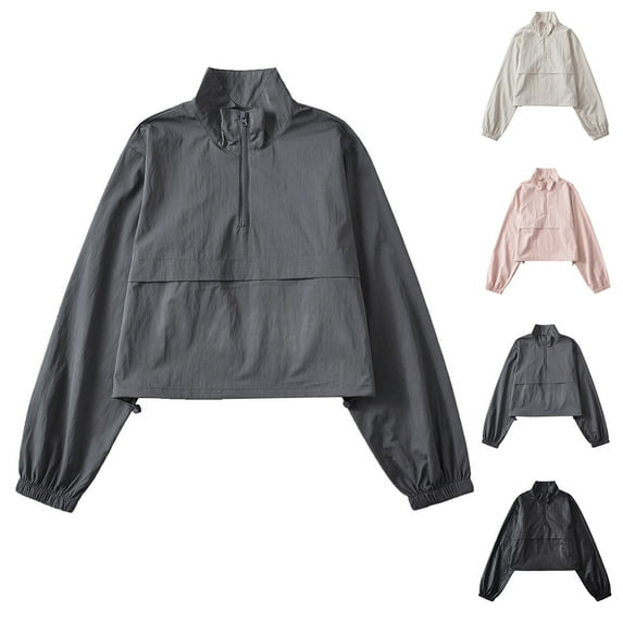 Jinhomg Athletic Jacket for Women Lightweight Quarter Zip Cropped Track Jackets Fall Casual Comfy Long Sleeve Stand Collar Outerwear Seasonal Sale Dark Gray M