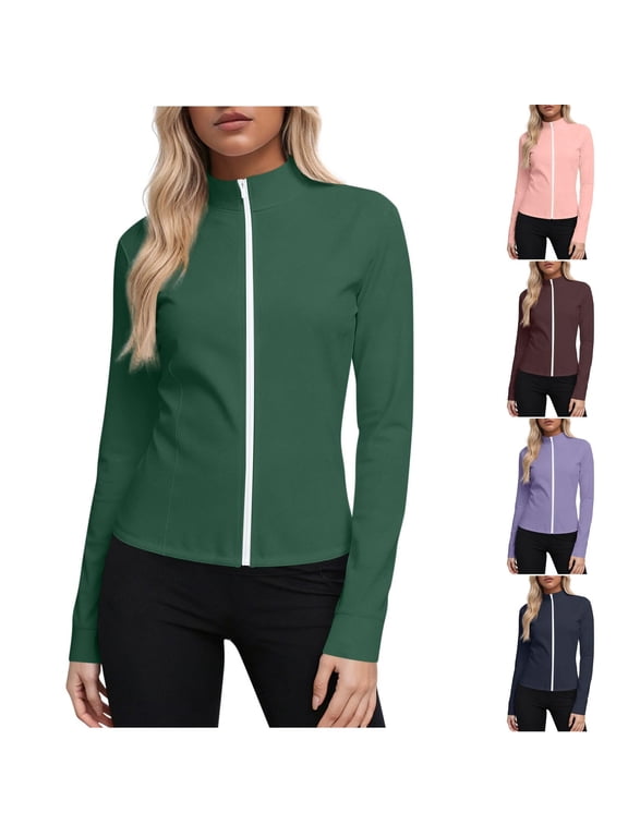 Athletic Jackets for Women Full Zip UPF 50+ Yoga Tops Long Sleeve Mock Neck Quick Dry Tops Workout Sports Running Activewear Green,S