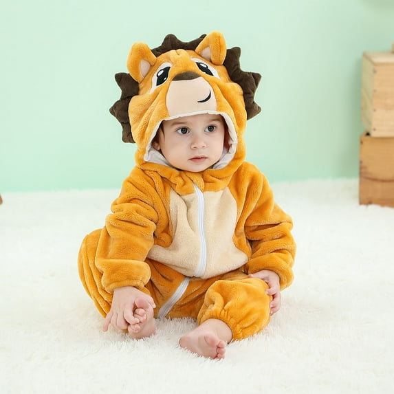 Jinhomg Baby Animal Hooded Romper Thermal Cozy Flannel Winter Jumpsuit Casual Long Sleeve Full Zip Bodysuit 2024 Party Cosplay Jumpsuit Spring Saving Yellow 18 Months