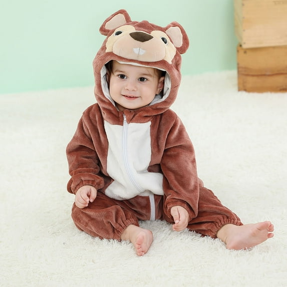 Jinhomg Baby Animal Hooded Romper Thermal Cozy Flannel Winter Jumpsuit Casual Long Sleeve Full Zip Bodysuit 2025 Party Cosplay Jumpsuit Winter Saving Brown 2 Years