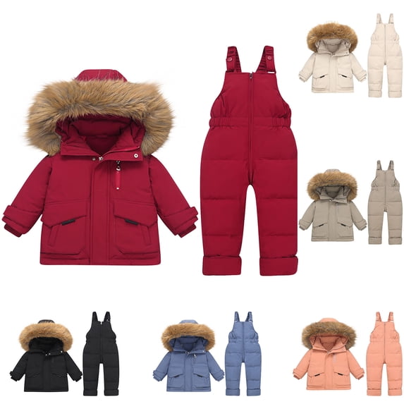 Jinhomg Baby Boys Girls Thick Outfits 2 Piece Winter Warm Ski Suit Windproof Comfy Long Sleeve Faux Fur Hooded Jacket with Snowboard Overalls Spring Saving Coffee 12 Months