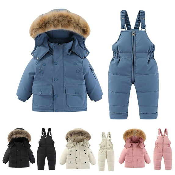 Jinhomg Baby Boys Girls Winter Outfits 2 Piece Winter Snowboarding Suits Windproof Comfy Faux Fur Trim Hooded Puffer Coat with Snow Bib Pants Blue 3 Years