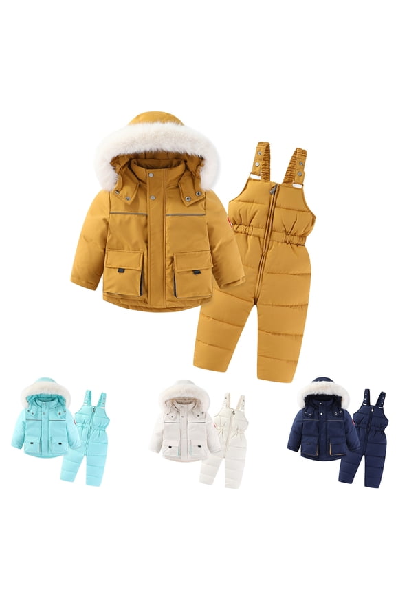 Baby Fashion Winter Snowsuit 2 Piece Thermal Comfy Ski Suit Windproof Comfy Solid Faux Fur Trim Hooded Puffer Coat with Snow Bib Pants Light Blue 3 Years