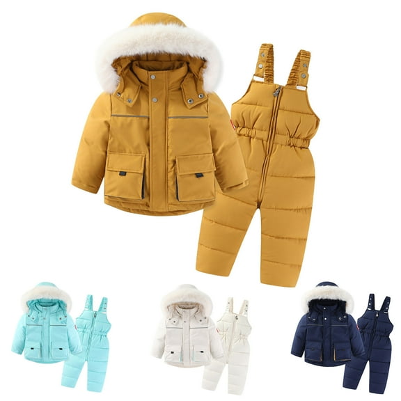 Jinhomg Baby Fashion Winter Snowsuit 2 Piece Thermal Comfy Ski Suit Windproof Comfy Solid Faux Fur Trim Hooded Puffer Coat with Snow Bib Pants White 6 Years