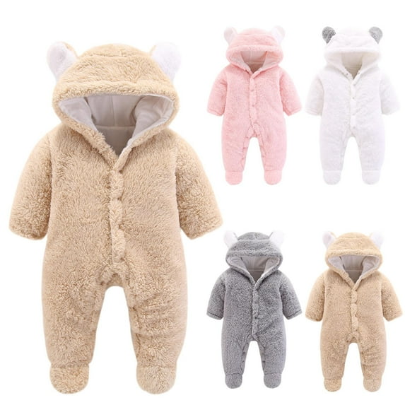 Jinhomg Baby Fleece Winter Jumpsuit Funny Cute Bear Ear Hooded Romper Casual Comfy Long Sleeve Footed Bodysuit Going Out Wear Sales Today Clearance Women Beige 6-9 Months