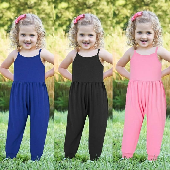 Jinhomg Baby Girl Jumpsuit Soft Comfy Cotton Blend Summer Bib Overalls Lightweight Casual Solid Spaghetti Straps Long Pants Toddler Kids Daily Wear 90% off Clearance Sale Black 100