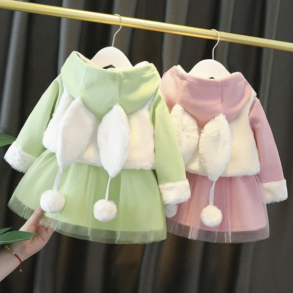 Jinhomg Baby Girls Fall Winter Outfits Cute Rabbit Ear Hooded Dresses and Thicken Fleece Vest Set Toddler Kids 2 Piece Soft Thermal Clothing Suit Pink 14