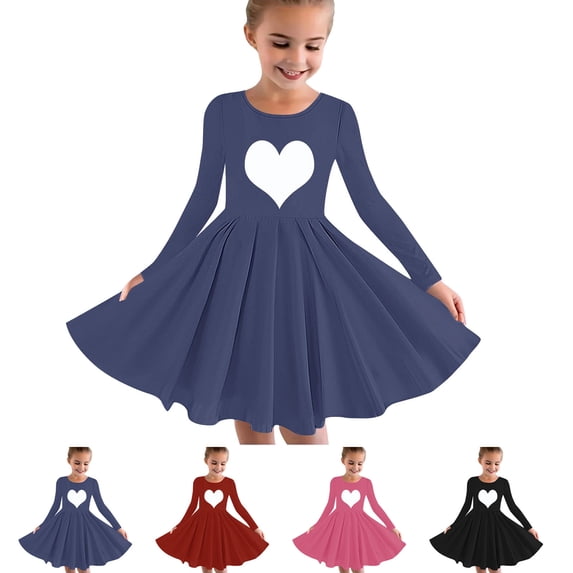 Jinhomg Baby Girls Pleated Dresses Toddler Cute Heart Print Midi Dress Baby Kids Casual Comfy Long Sleeve Fall Dresses Black 7 Years