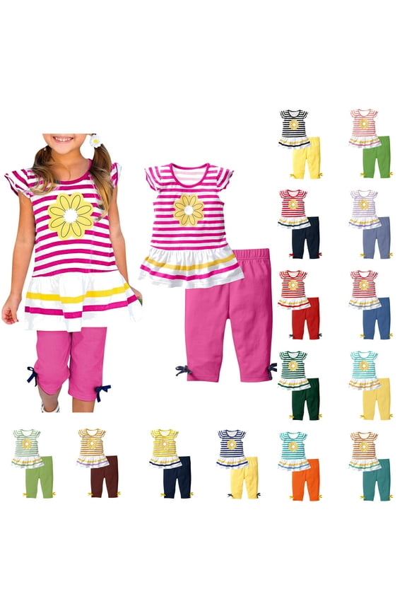 Baby Girls Summer Clothes Ruffle Short Sleeve Floral T-Shirt with Capris Toddler Kids Casual Clothing Suit Comfy Daily Wear Black 4 Years