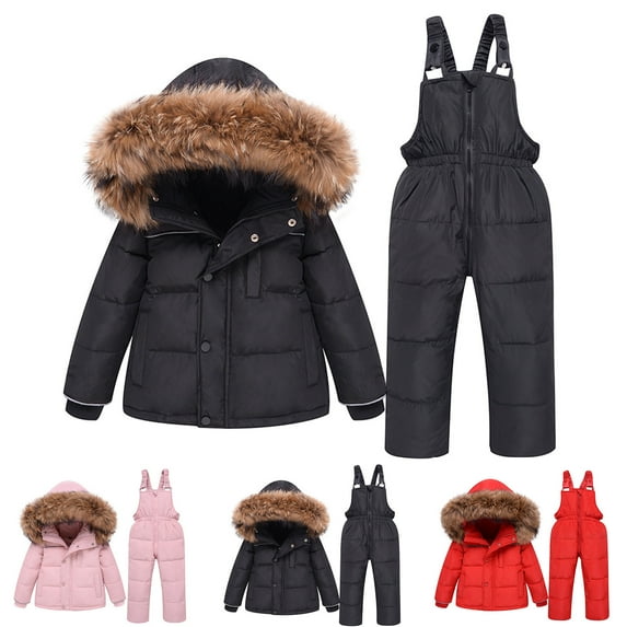 Jinhomg Baby Kid Thick Winter Outfits 2 Piece Comfy Snowsuit Windproof Casual Solid Faux Fur Trim Hooded Puffer Coat with Snow Bib Pants Prime 90 off Clearance Sale Red 2 Years