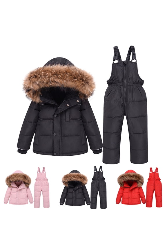 Baby Kid Thick Winter Outfits 2 Piece Comfy Snowsuit Windproof Casual Solid Faux Fur Trim Hooded Puffer Coat with Snow Bib Pants Spring Saving Today Pink 1 Years
