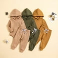 thumbnail image 1 of Jinhomg Baby Kids Solid Outfits Toddler 2 Piece Comfy Waffle Knit Set Long Sleeve Solid Hooded Romper and Elastic Waist Pants Khaki 3 Months, 1 of 10