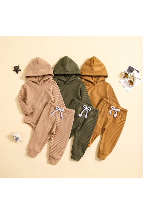 Baby Kids Solid Outfits Toddler 2 Piece Comfy Waffle Knit Set Long Sleeve Solid Hooded Romper and Elastic Waist Pants Khaki 3 Months