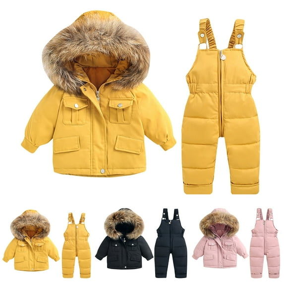 Jinhomg Baby Kids Winter Snowsuit 2 Piece Cold Weather Ski Suits Thermal Cozy Waterproof Hooded Puffer Coat with Snow Bib Pants Sets Summer Saving Yellow 3 Years