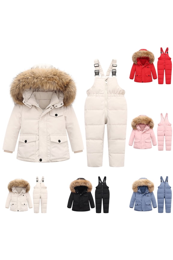 Baby Thick Winter Snowsuit 2 Piece Toddler Warm Ski Suit Waterproof Windproof Faux Fur Trim Hooded Puffer Coat with Snow Bib Pants Limited Time Deal Black 1 Years