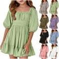 thumbnail image 1 of Jinhomg Babydoll Mini Dress for Girls Cute Tie Backless Mini Dresses Casual Puffy Sleeve Tie Back Summer Dress Princess Style Pleated Flowy Dresses Black 7 Years, 1 of 7