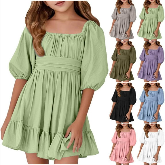 Jinhomg Babydoll Mini Dress for Girls Cute Tie Backless Mini Dresses Casual Puffy Sleeve Tie Back Summer Dress Princess Style Pleated Flowy Dresses Purple 5 Years