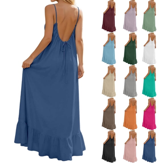 Jinhomg Backless Cami Dress Women Flowy Beach Vacation Dresses Wedding Guest Sleeveless Sundress Baggy Maxi Dresses
