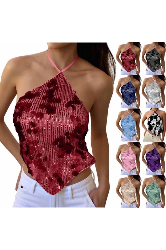 Backless Halter Shirts for Women Crop Tank Top Disco Club Sequin Tops Open Back Y2K Party Outfits Gold M