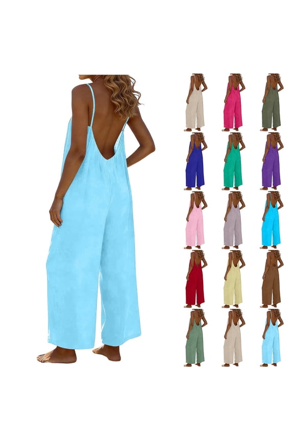 Backless Jumpsuits for Women Casual Summer Spaghetti Strap Long Rompers Beach Vacation Wide Leg Jumpsuit Overalls Hot Pink L