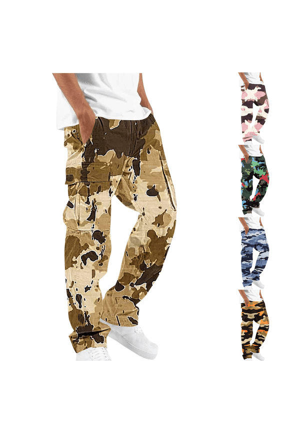 Baggy Cargo Pants for Men Camouflage Print Casual Pants Drawstring Elastic Waist Camo Trousers with Pockets Khaki,XXL
