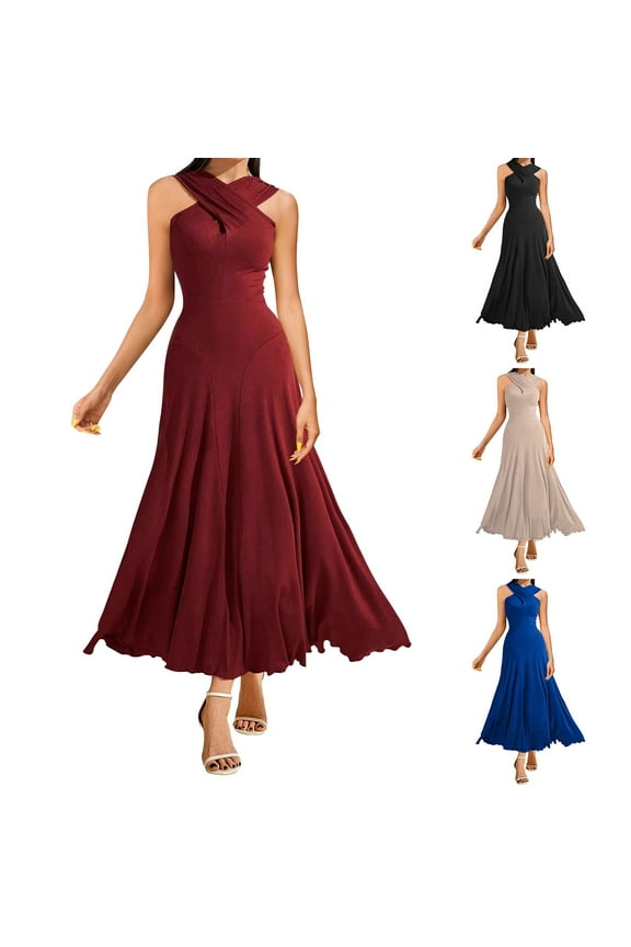 Ball Gown Dresses for Women Trendy Cross Hanging Neck Maxi Dress Elegant Ruched Flowy Evening Dress Summer formal Dresses Blue S