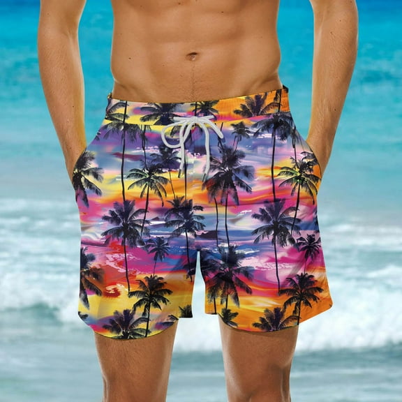 Jinhomg Beach Swim Trunks for Men Fashion Hawaiian Palm Tree Print Vacation Swimsuits Casual Comfy Elastic Drawstring Waist Board Shorts with Pockets Holiday Sales Multicolor XXXXL