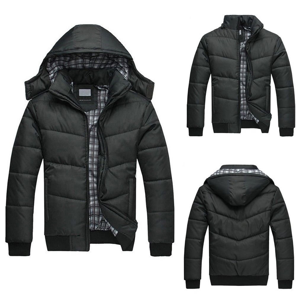 Big And Tall Winter Coats for Men Puffer Jacket with Removable Hood Warm Padded Hooded Down Coat Fashion Windproof Outerwear Black,XL