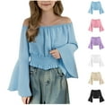 thumbnail image 1 of Jinhomg Big Girls Fashion Tops Elegant off Shoulder Flared Sleeve Shirts Cute Smocked Hem Tunic Blouses Flowy Y2K Summer Going Out Wear Beige 14 Years, 1 of 6
