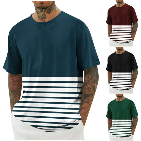 Jinhomg Big and Tall Casual Tees for Men Fashion Color Block Striped Print Summer Shirts Loose Fit Comfy Short Sleeve Crew Neck Basic T-Shirt Fall Saving Army Green XXL