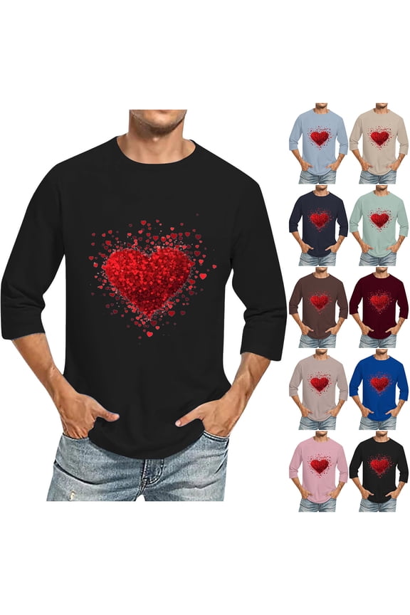 Big and Tall Graphic Tees for Men Novelty Funny Valentines Love Heart Print Tops Lightweight Comfy 3/4 Sleeve Crew Neck Spring Summer T-Shirt Rose Gold L