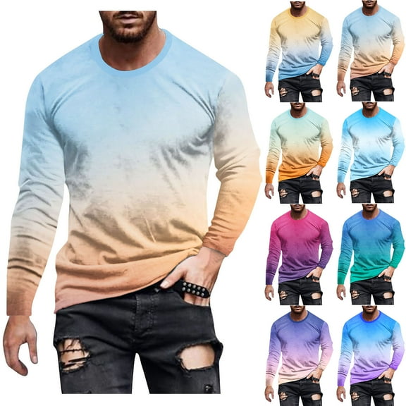 Jinhomg Big and Tall Gradient Color T Shirts for Men Long Sleeve Crewneck Pullover Tees Blue XXL