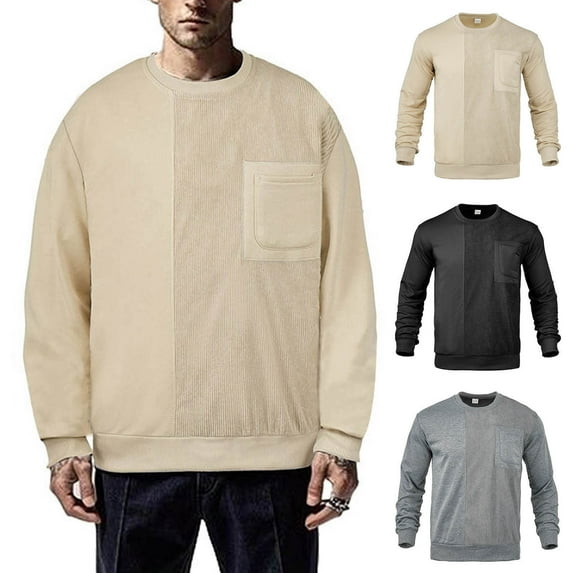 Jinhomg Big and Tall Knit Sweatshirts for Men Casual Solid Color Long Sleeve Crewneck Sweater Trendy Baggy Outwear Coat Black,L