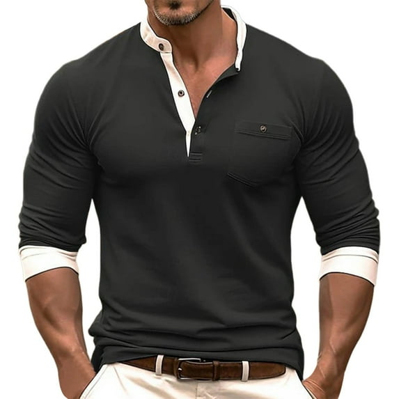 Jinhomg Big and Tall Mens Shirts Button Down Long Sleeve Band Collar Henley Shirt Casual Slim Fit Colorblock Work T-Shirts Black,L