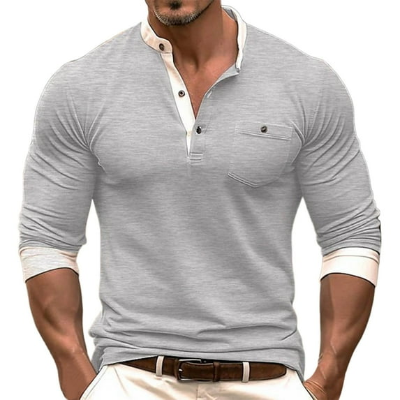 Jinhomg Big and Tall Mens Shirts Button Down Long Sleeve Band Collar Henley Shirt Casual Slim Fit Colorblock Work T-Shirts Gray,S