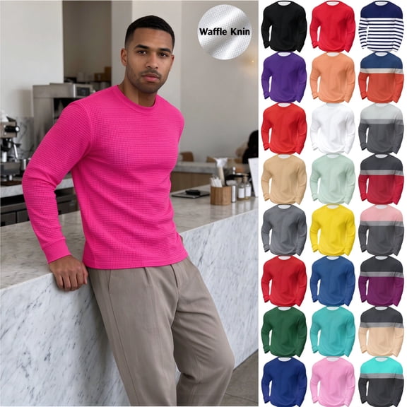 Jinhomg Big and Tall Shirts Long Sleeve Tee Shirts for Men Vintage Waffle Knit Crew Neck Tops Soft Breathable Thermal T-Shirt Streetwear