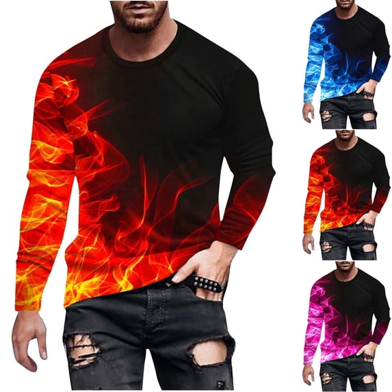 Jinhomg Big and Tall T Shirts for Men Fashion Flame Print Crewneck Pullovers Fall Casual Long Sleeve Tops Pink S