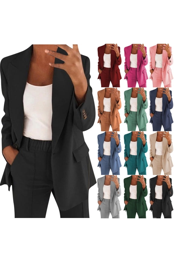Blazers for Women 2 Piece Plus Size Business Suits Dressy Casual Notched Lapel One Button Cardigan Jacket and Dress Pants with Pockets Black S