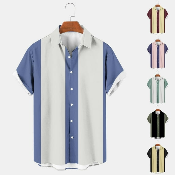Jinhomg Bowling Shirts for Men Retro Short Sleeve Button Down Hawaiian Shirt Summer Casual Color Block Vacation Beach Shirt 90 Percent off Clearance Sale Blue L