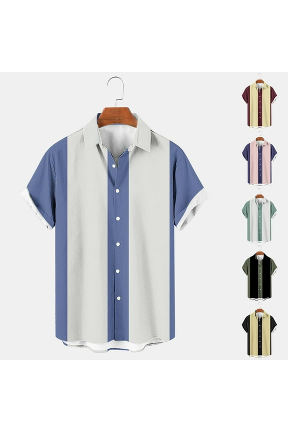 Bowling Shirts for Men Retro Short Sleeve Button Down Hawaiian Shirt Summer Casual Color Block Vacation Beach Shirt 90 Percent off Clearance Sale Blue L