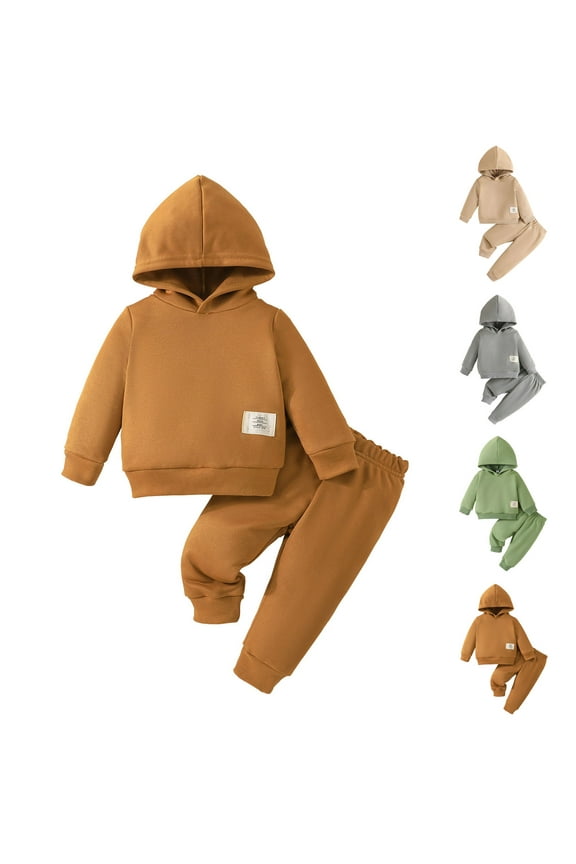 Boys Girls Cotton Outfits Toddler Kids 2 Piece Fall Clothing Suit Comfy Long Sleeve Solid Hooded Sweatshirt and Elastic Waist Pants Set Women Green 12 Months