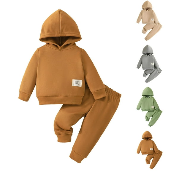 Jinhomg Boys Girls Cotton Outfits Toddler Kids 2 Piece Fall Clothing Suit Comfy Long Sleeve Solid Hooded Sweatshirt and Elastic Waist Pants Set Spring Saving Gray 9 Months