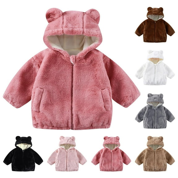 Jinhomg Boys Girls Fleece Jackets Bear Ears Hooded Jacket Zip Up Fluffy Coat Toddlers Warm Outerwear Fall Winter Overcoat Brown 90
