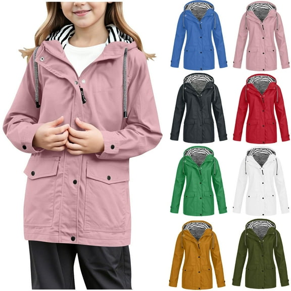 Jinhomg Boys Girls Hooded Rain Jackets Waterproof Striped Lined Raincoat Lightweight Windbreaker Anorak Jacket for Hiking Camping 13 Years