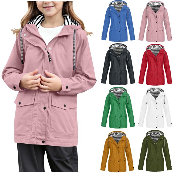 Jinhomg Boys Girls Hooded Rain Jackets Waterproof Striped Lined Raincoat Lightweight Windbreaker Anorak Jacket for Hiking Camping 9 Years