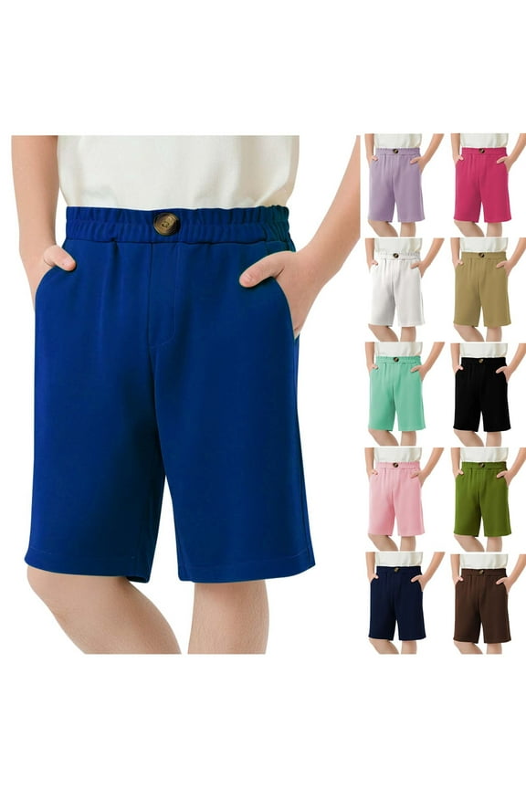 Boys Girls School Uniform Kids Solid Color Bermuda Shorts Cotton Linen Dress Shorts Youth Summer Casual Shorts with Pockets for 4-13Y