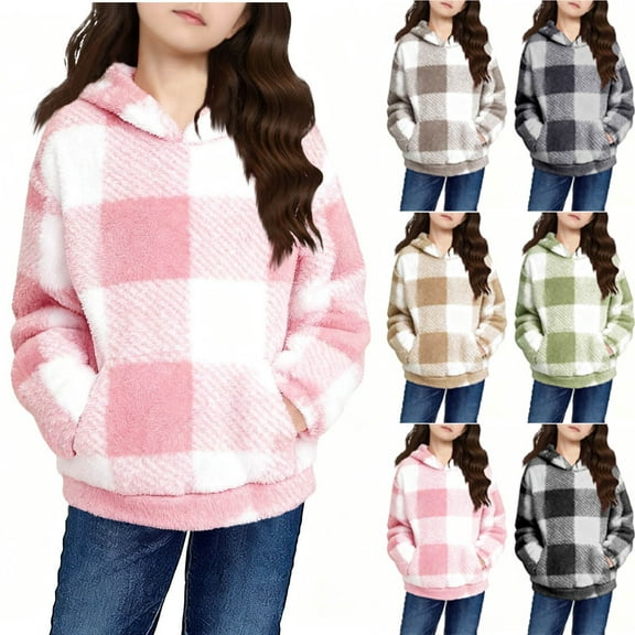 Jinhomg Boys Girls Sherpa Hoodies Plaid Fuzzy Fleece Pullover Hoodie Casual Sherpa Winter Tops Warm Outwear Coat with Pockets