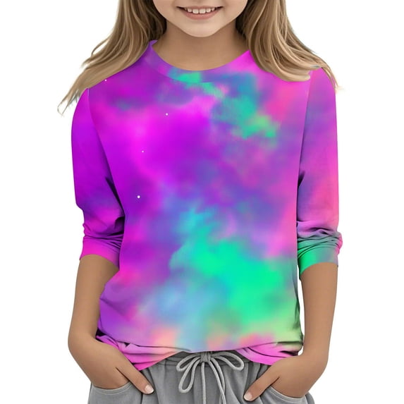 Jinhomg Boys Girls Tie Dye Shirts Lightweight Comfy 3/4 Length Sleeve Crew Neck Tops Loose Fit Casual Gradient Tunic Blouse Summer Saving Multicolor 5 Years