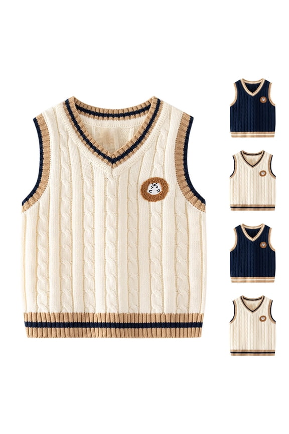 Boys Sweater Vest Toddler Cable Knit V-Neck Knitted Uniform Baby Kids Thermal Sleeveless Cotton Clothes Summer Saving Beige 4 Years